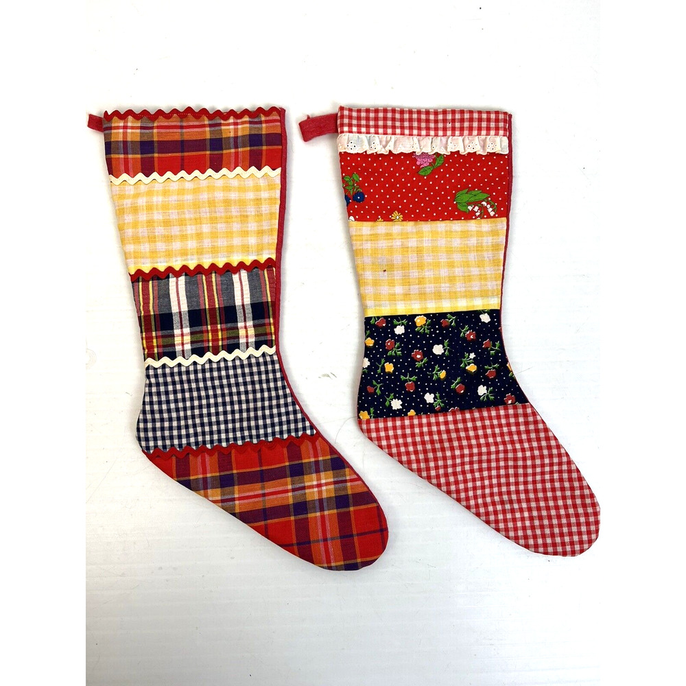 Christmas Stockings Vintage Patchwork Farmhouse Country Red Blue Handmade Decor